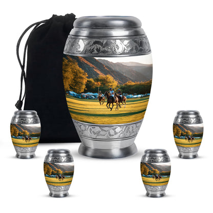 Frosted Silver Horse Polo Cremation Urn detail view - royal horse polo engraving with decorative scrollwork - memorial set with one large and four small urns