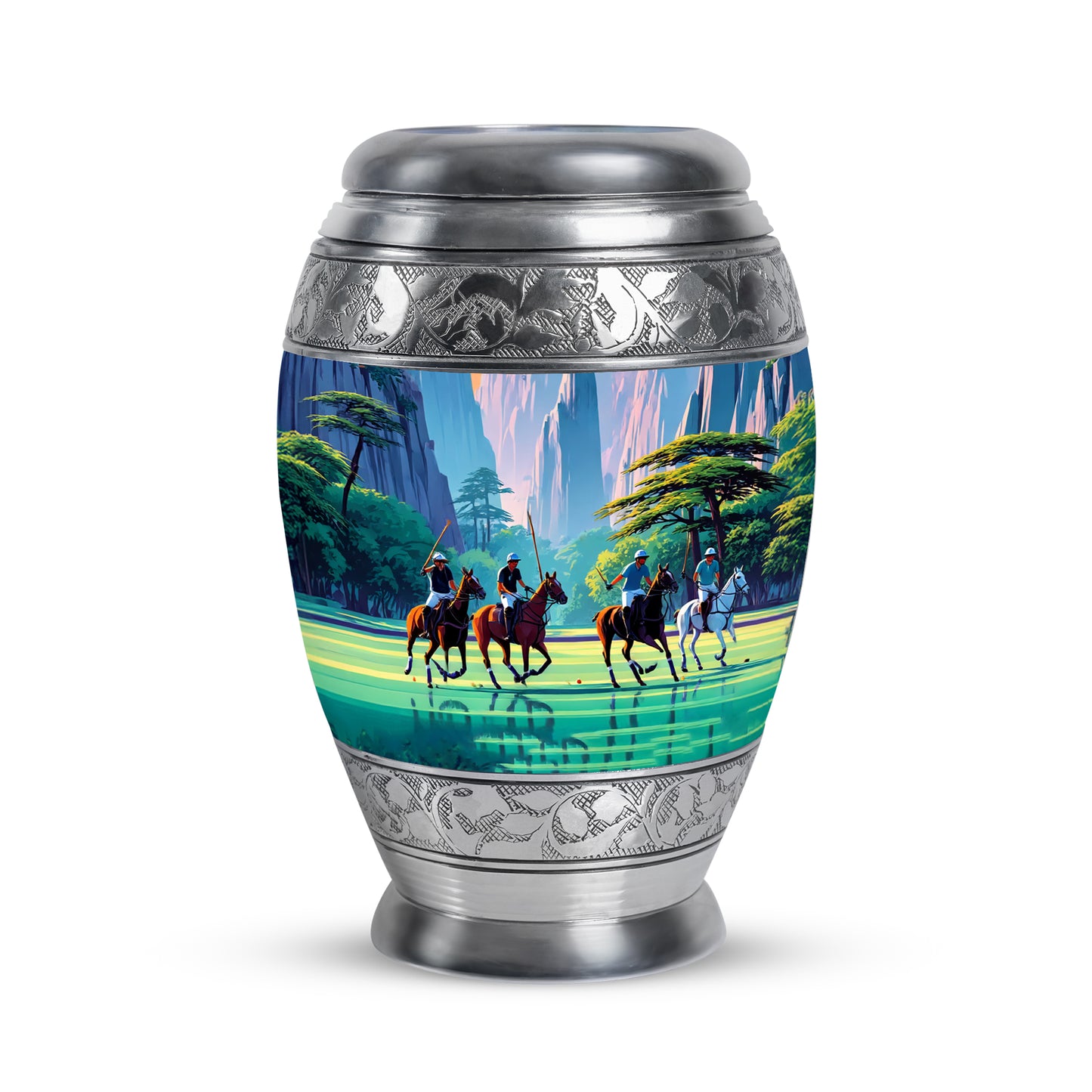Illustrious Horse Polo Memorial Cremation Urns - Blue 10-inch, 200 cu in - Yatskia
