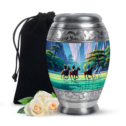 Steel Blue Horse Polo Cremation Urn back view with polished surface - royal horse polo engraving with decorative scrollwork - full-size 10 inch 200 cubic inch adult cremation urn