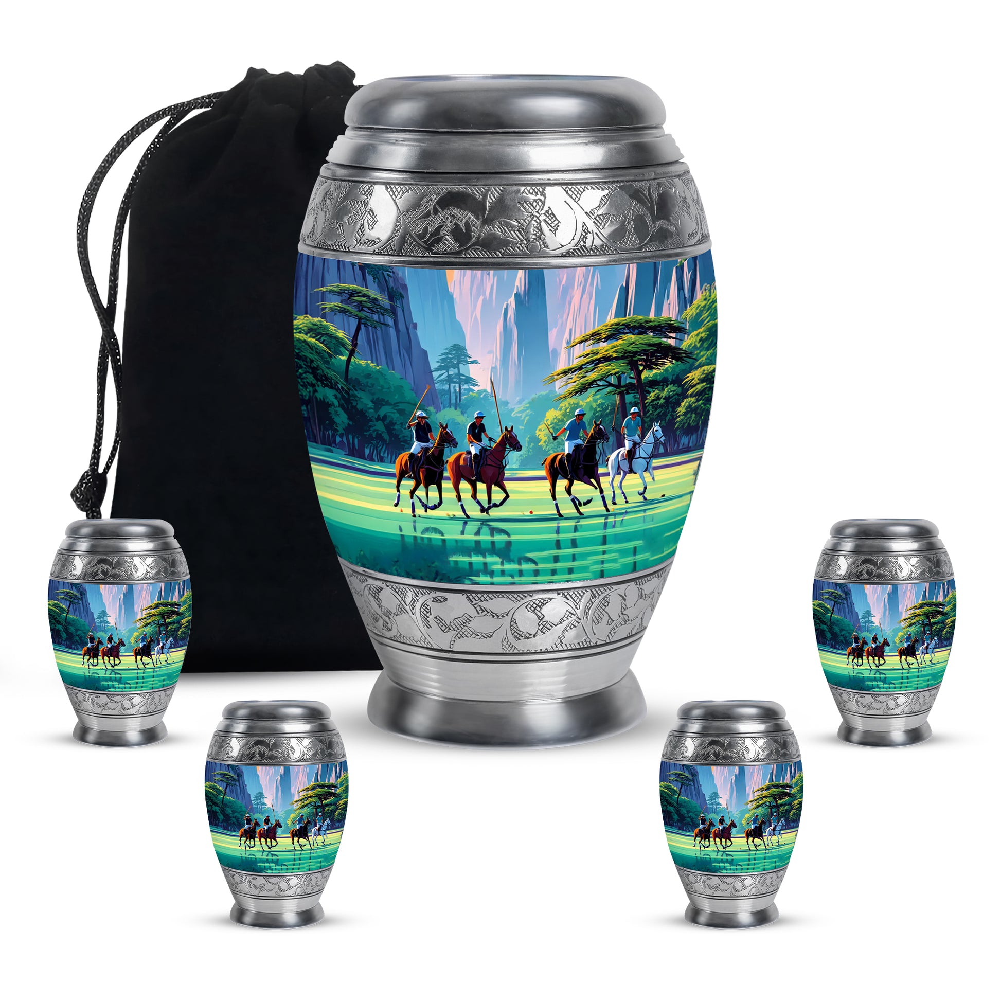 Icy Blue Horse Polo Cremation Urn detail view - regal horse polo design with crown-inspired accents - memorial set with one large and four small urns