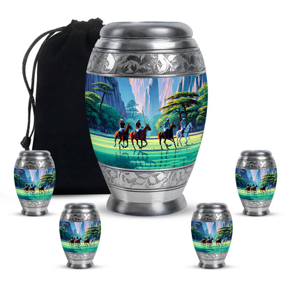 Icy Blue Horse Polo Cremation Urn detail view - regal horse polo design with crown-inspired accents - memorial set with one large and four small urns