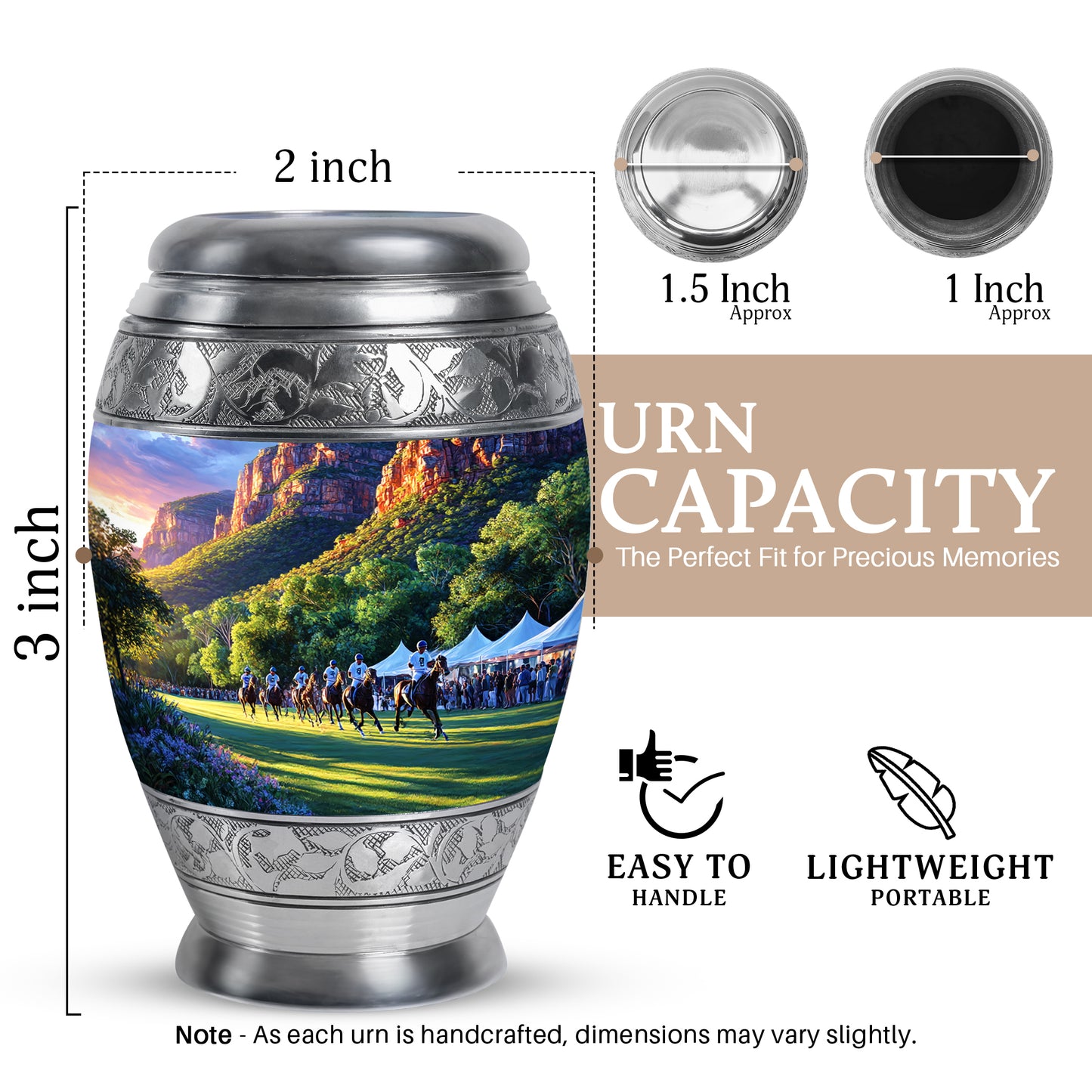 Orchid Purple Horse Polo Cremation Urn lifestyle display on memorial shelf - regal horse polo design with crown-inspired accents - mini keepsake memorial for portion of cremation ashes