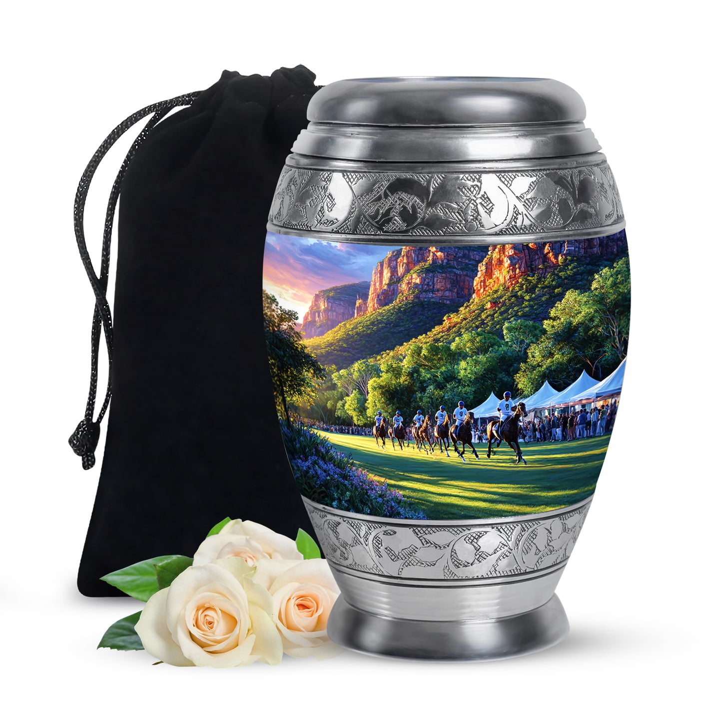 Deep Purple Horse Polo Cremation Urn back view with polished surface - ornate monarch-style horse polo relief on brushed aluminum - full-size 10 inch 200 cubic inch adult cremation urn