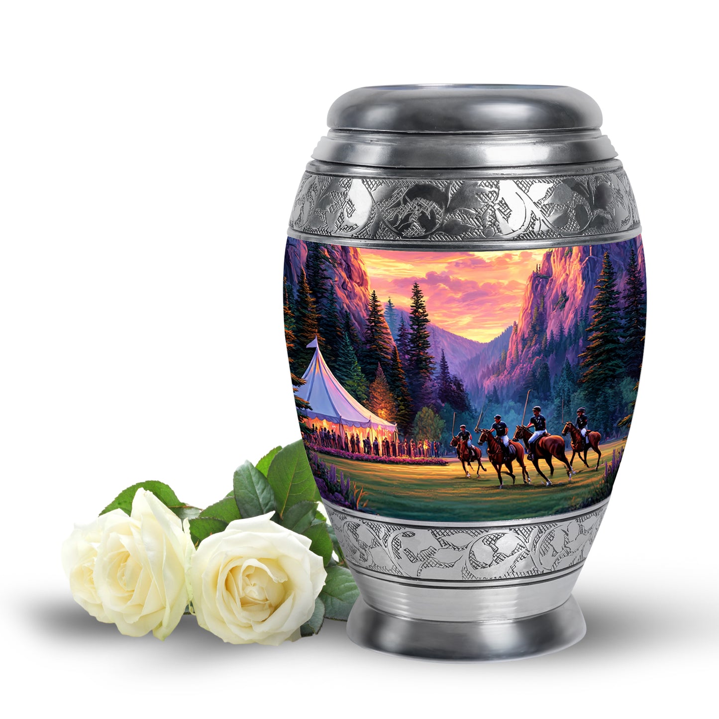 Graceful Gold Horse Polo Sentinel Urn for Human Ashes - 10-inch, 200 cu in - Yatskia