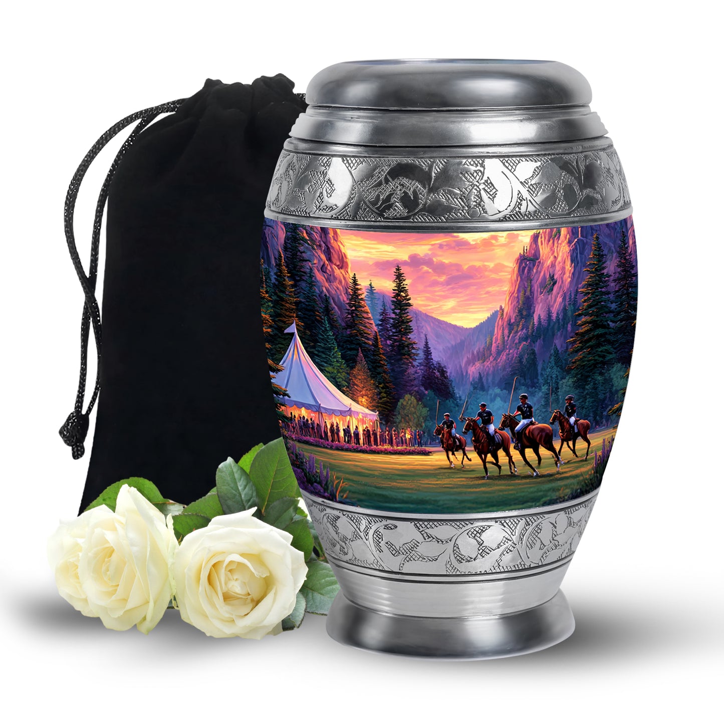 Antique Gold Horse Polo Cremation Urn back view with polished surface - regal horse polo design with crown-inspired accents - full-size 10 inch 200 cubic inch adult cremation urn