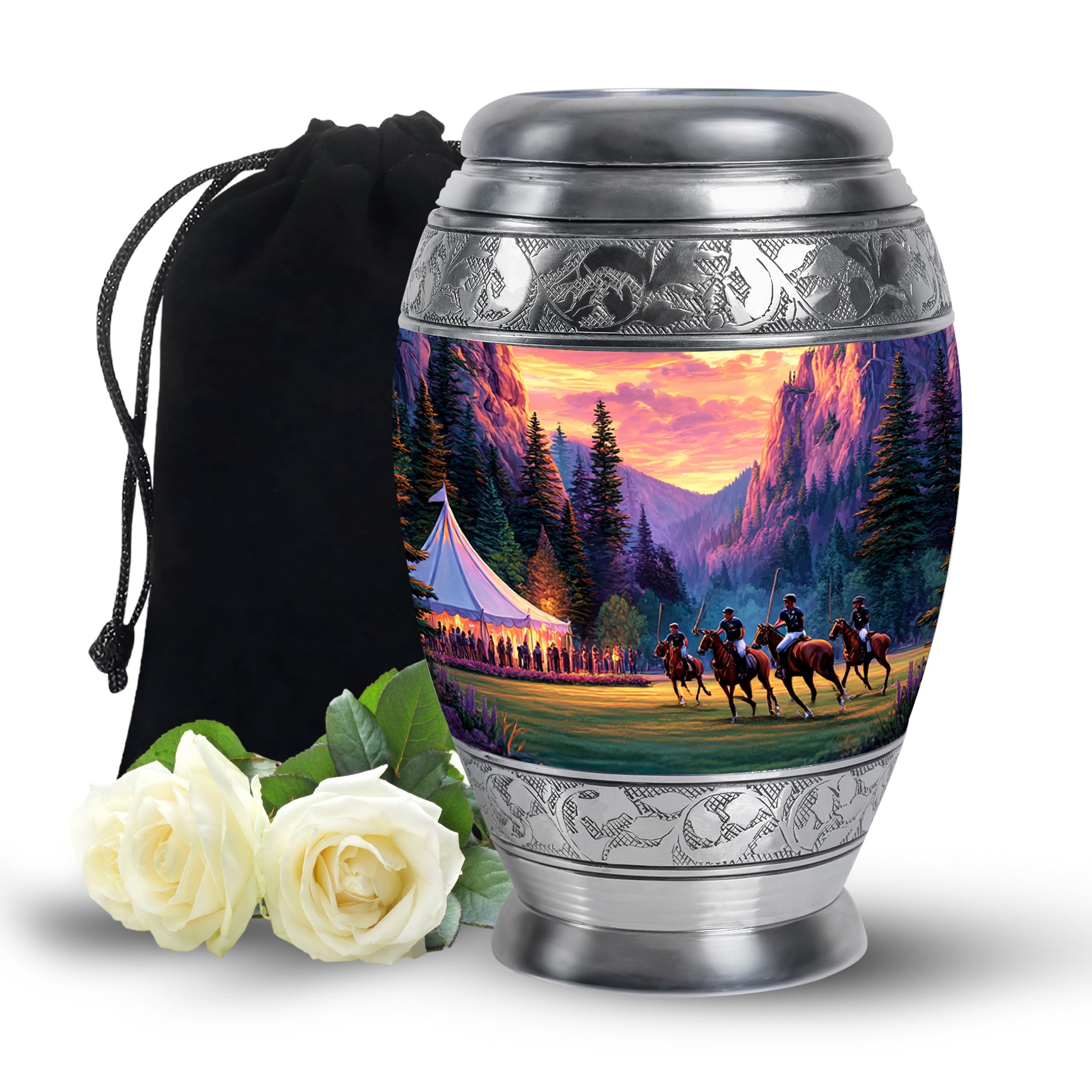 Antique Gold Horse Polo Cremation Urn back view with polished surface - regal horse polo design with crown-inspired accents - full-size 10 inch 200 cubic inch adult cremation urn
