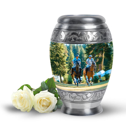Green Exquisite Horse Polo Memorial Urn for Ashes - 10-inch, 200 cu in - Yatskia