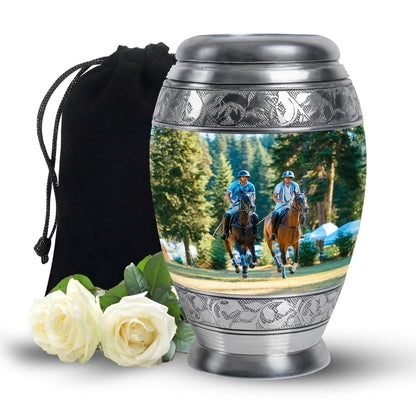Jade Green Horse Polo Cremation Urn back view with polished surface - regal horse polo design with crown-inspired accents - full-size 10 inch 200 cubic inch adult cremation urn