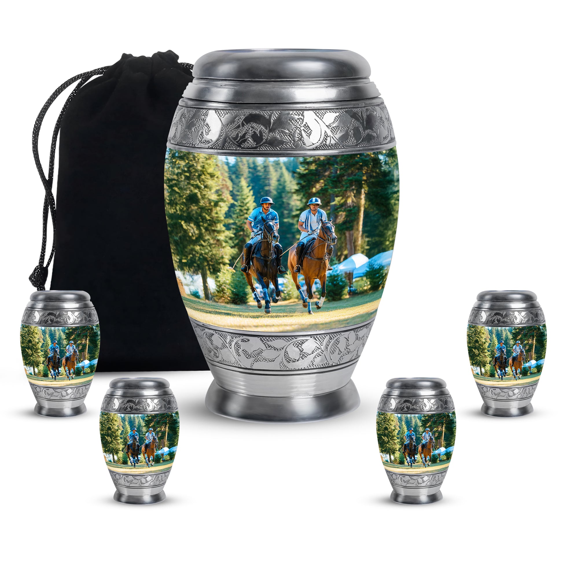 Jade Green Horse Polo Cremation Urn detail view - regal horse polo design with crown-inspired accents - memorial set with one large and four small urns