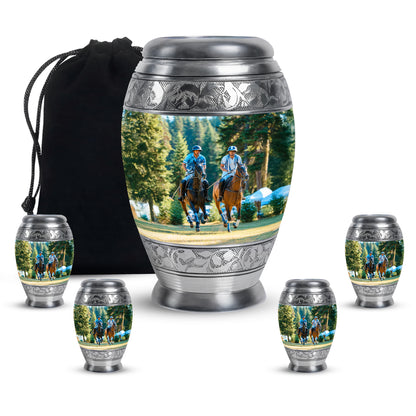 Jade Green Horse Polo Cremation Urn detail view - regal horse polo design with crown-inspired accents - memorial set with one large and four small urns