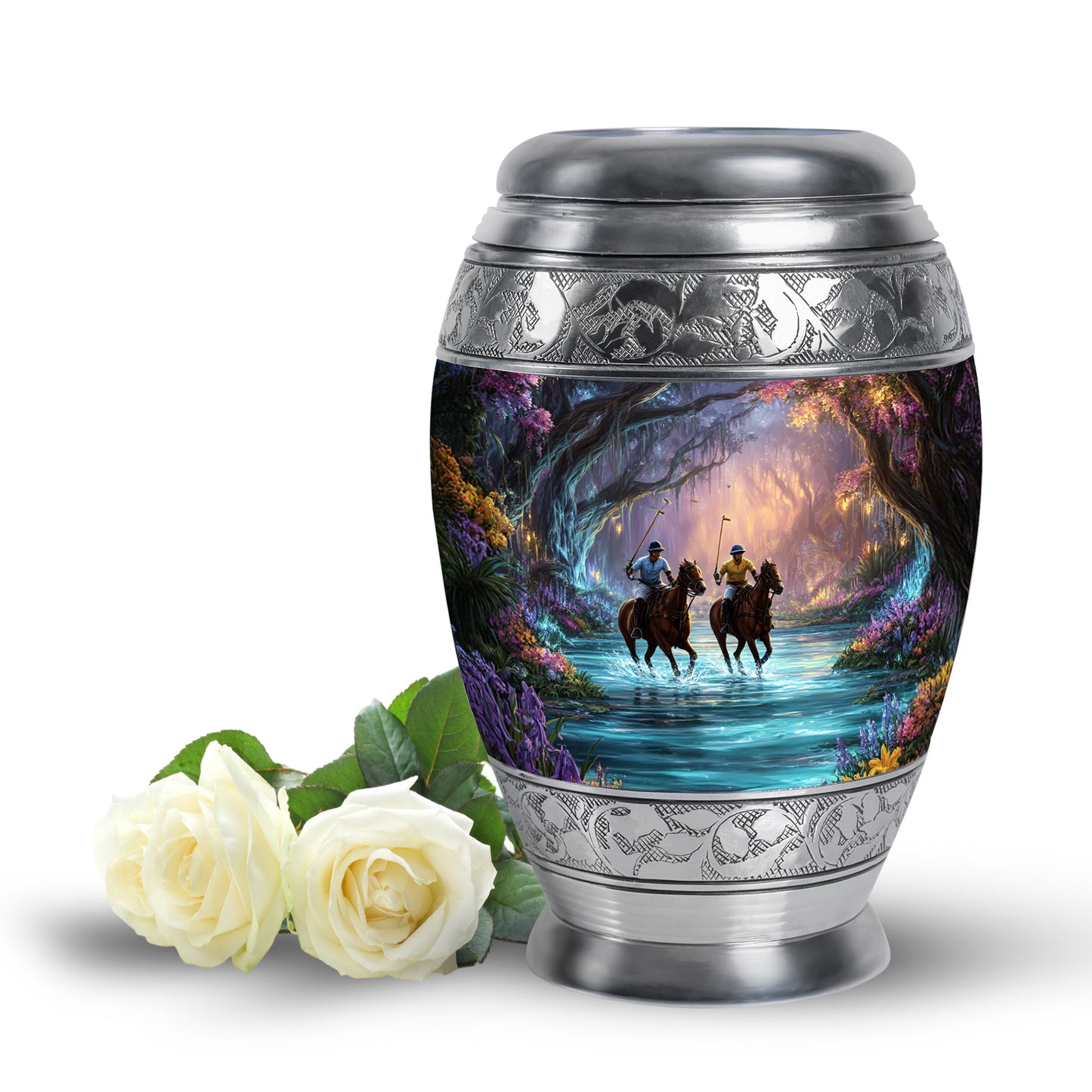 Luminous Black Horse Polo Legacy Urn for Human Ashes - 10-inch, 200 cu in - Yatskia