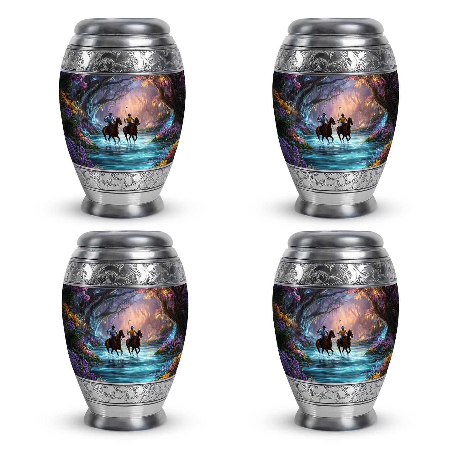 Onyx Black Horse Polo Cremation Urn urn with complimentary velvet bag - majestic horse polo pattern with filigree border - 10 inch aluminum urn for cremated remains