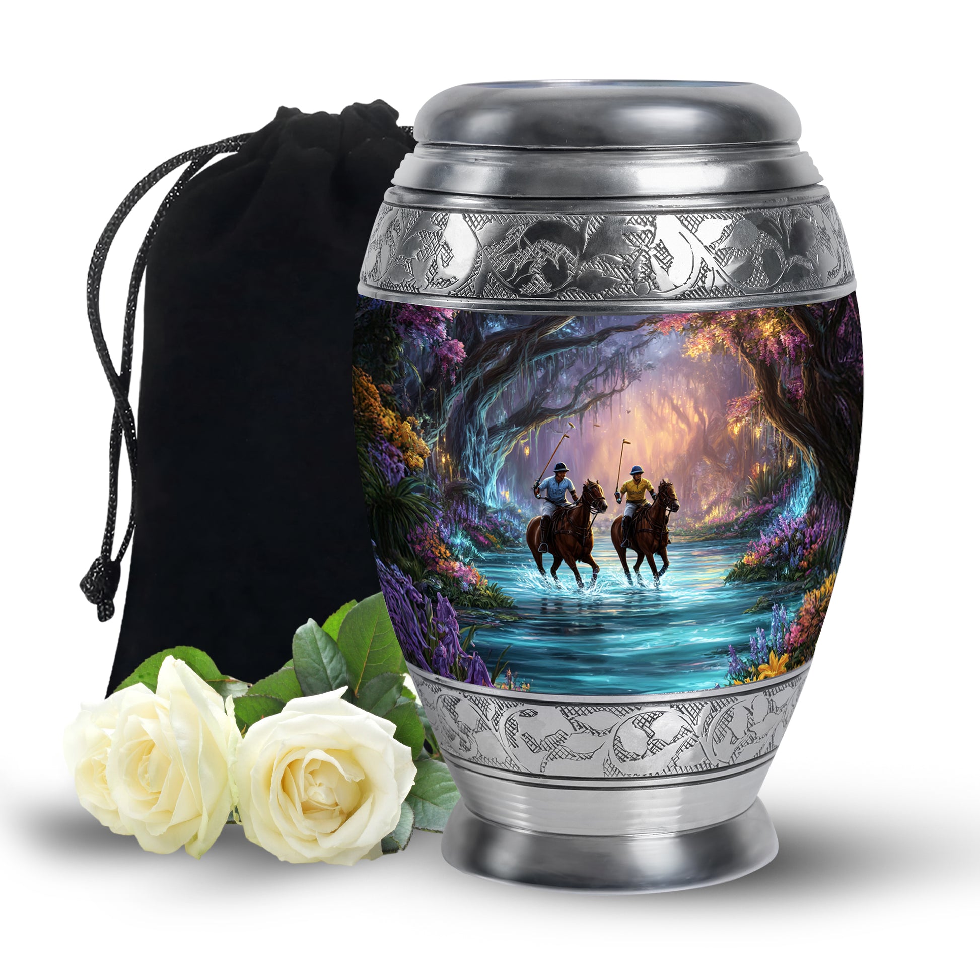 Dark Black Horse Polo Cremation Urn back view with polished surface - majestic horse polo pattern with filigree border - full-size 10 inch 200 cubic inch adult cremation urn