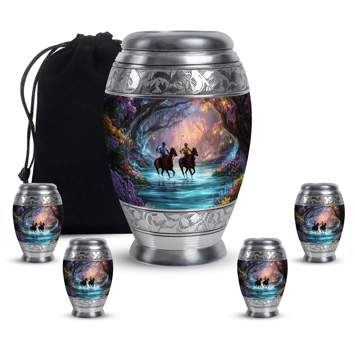 Obsidian Black Horse Polo Cremation Urn detail view - majestic horse polo pattern with filigree border - memorial set with one large and four small urns