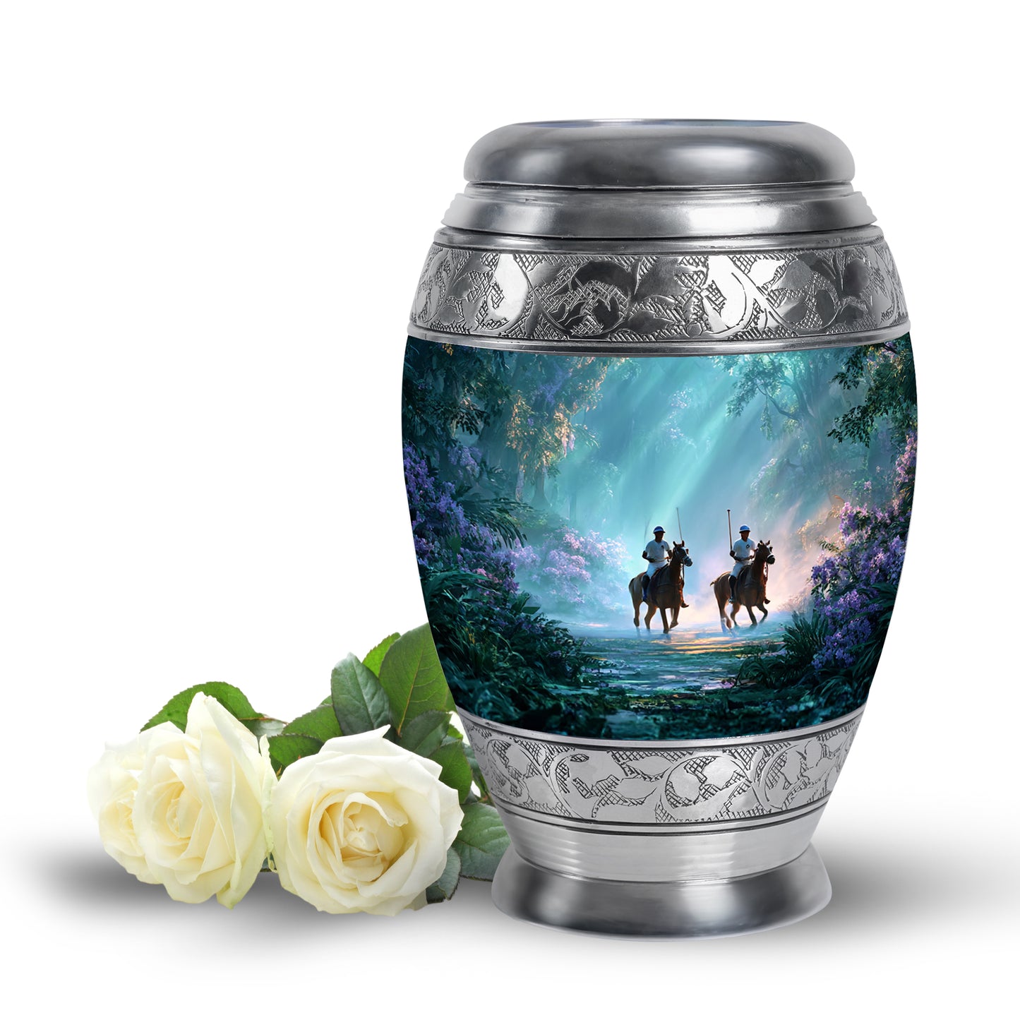 Teal Serene Horse Polo Memorial Urn for Ashes - 10-inch, 200 cu in - Yatskia