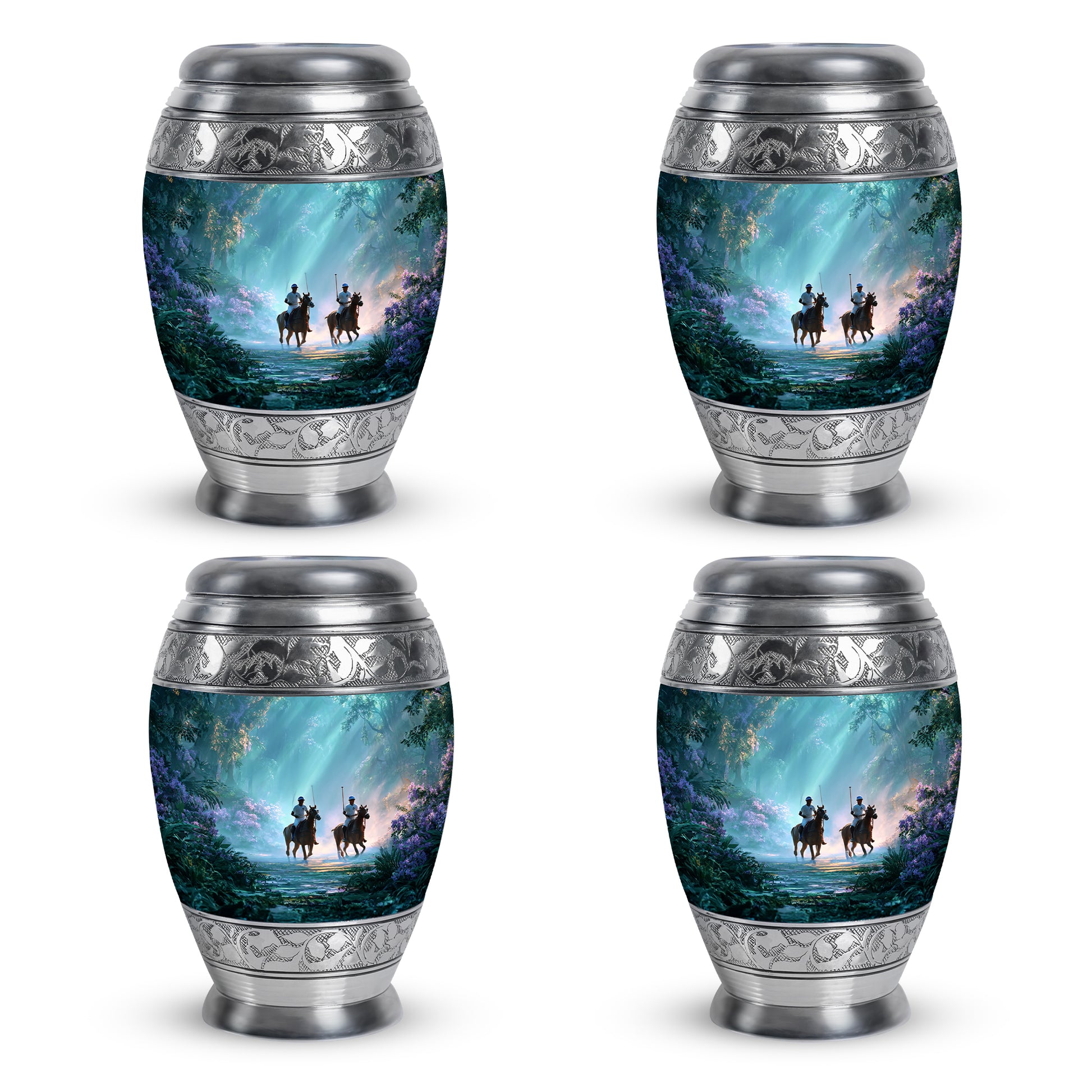 Soft Teal Horse Polo Cremation Urn urn with complimentary velvet bag - ornate monarch-style horse polo relief on brushed aluminum - 10 inch aluminum urn for cremated remains