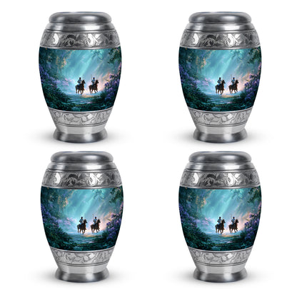 Soft Teal Horse Polo Cremation Urn urn with complimentary velvet bag - ornate monarch-style horse polo relief on brushed aluminum - 10 inch aluminum urn for cremated remains