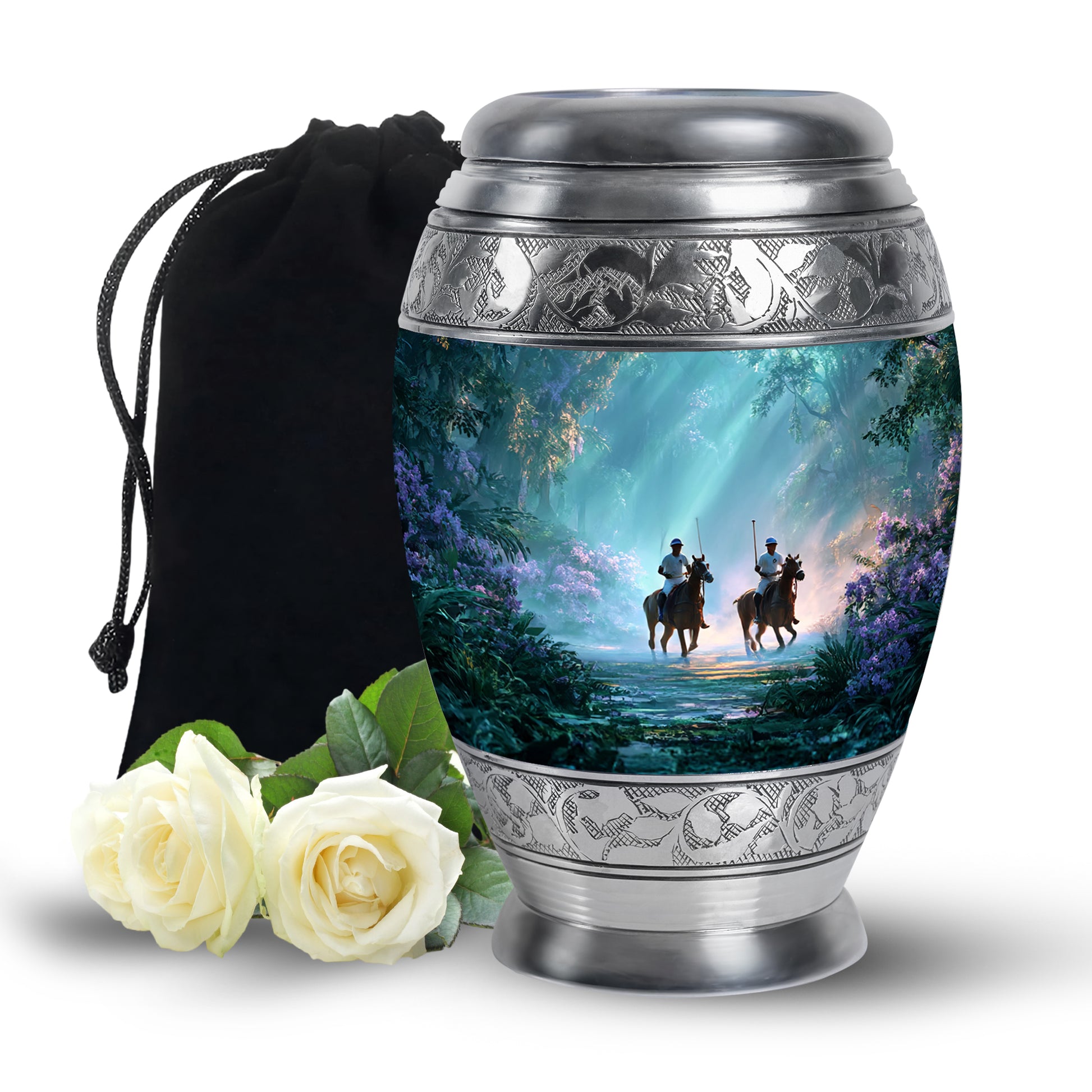 Aqua Teal Horse Polo Cremation Urn back view with polished surface - majestic horse polo pattern with filigree border - full-size 10 inch 200 cubic inch adult cremation urn
