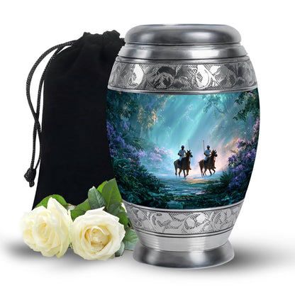 Aqua Teal Horse Polo Cremation Urn back view with polished surface - majestic horse polo pattern with filigree border - full-size 10 inch 200 cubic inch adult cremation urn