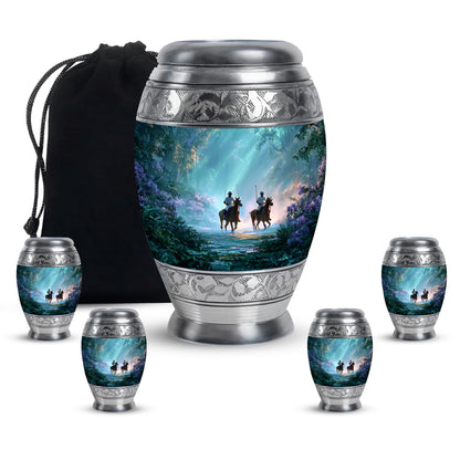 Cool Teal Horse Polo Cremation Urn detail view - ornate monarch-style horse polo relief on brushed aluminum - memorial set with one large and four small urns