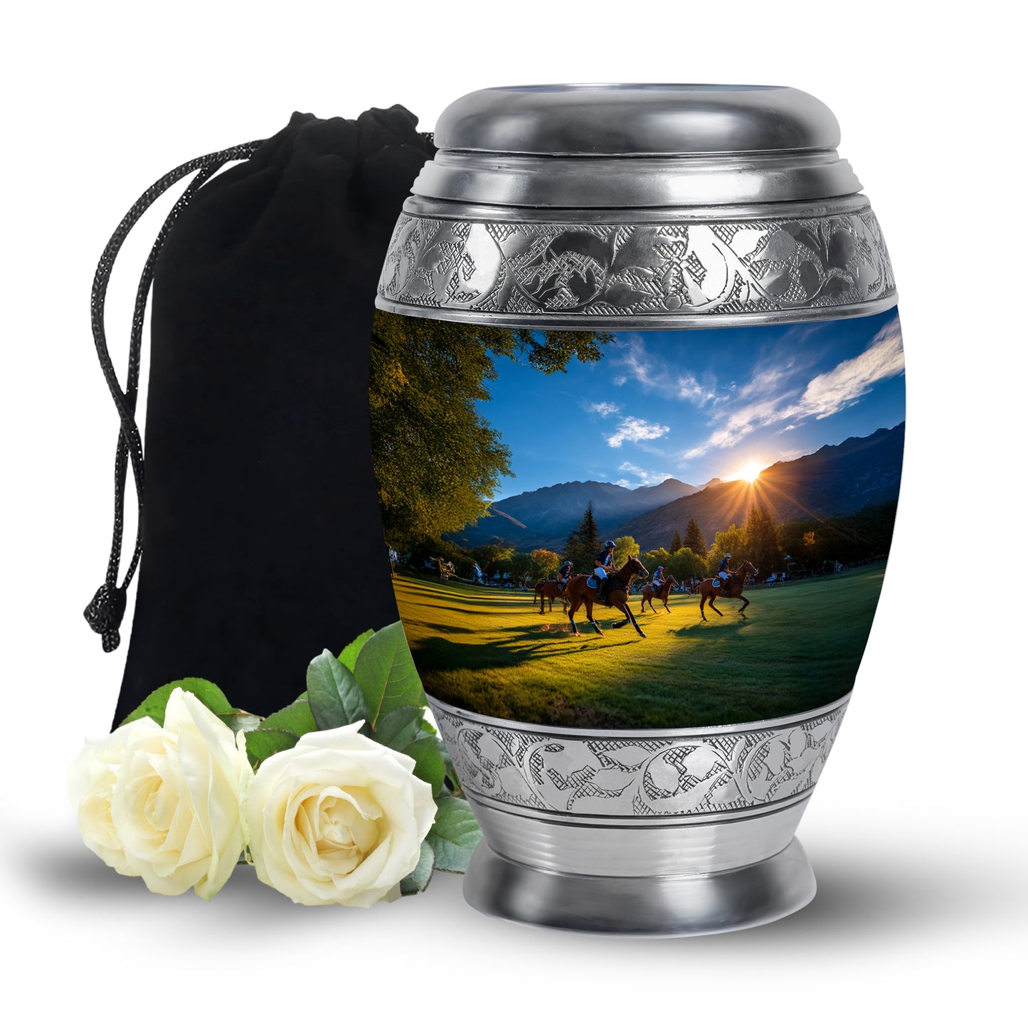 Slate Blue Horse Polo Cremation Urn back view with polished surface - ornate monarch-style horse polo relief on brushed aluminum - full-size 10 inch 200 cubic inch adult cremation urn