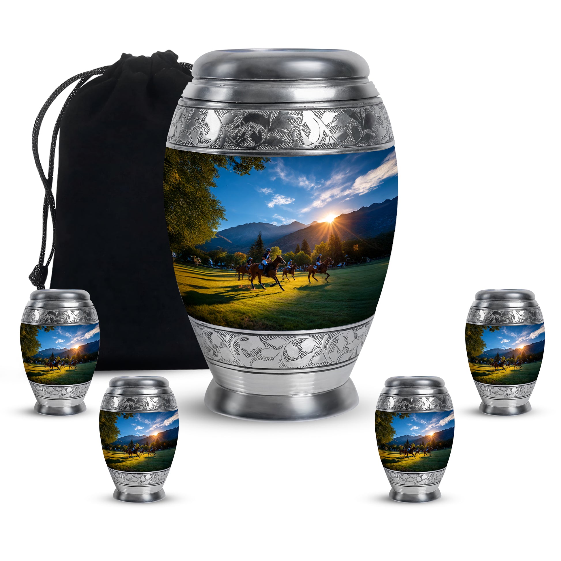Bright Blue Horse Polo Cremation Urn detail view - royal horse polo engraving with decorative scrollwork - memorial set with one large and four small urns