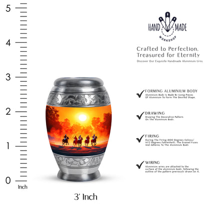Sunrise Gold Horse Polo Cremation Urn lifestyle display on memorial shelf - ornate monarch-style horse polo relief on brushed aluminum - mini keepsake memorial for portion of cremation ashes