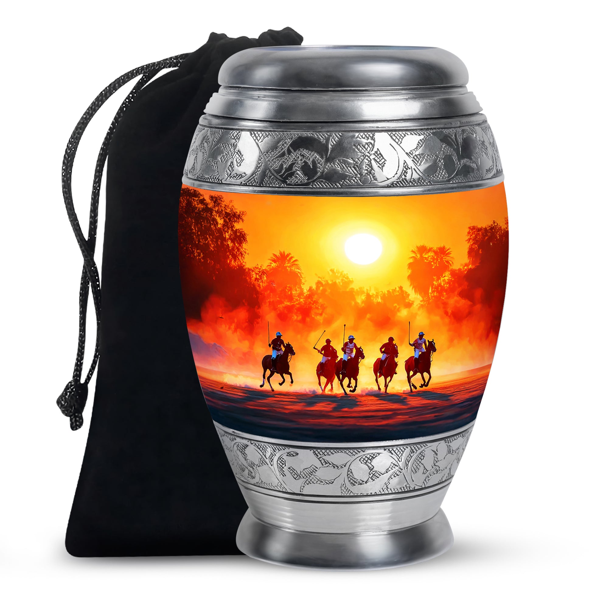 Champagne Gold Horse Polo Cremation Urn back view with polished surface - regal horse polo design with crown-inspired accents - full-size 10 inch 200 cubic inch adult cremation urn