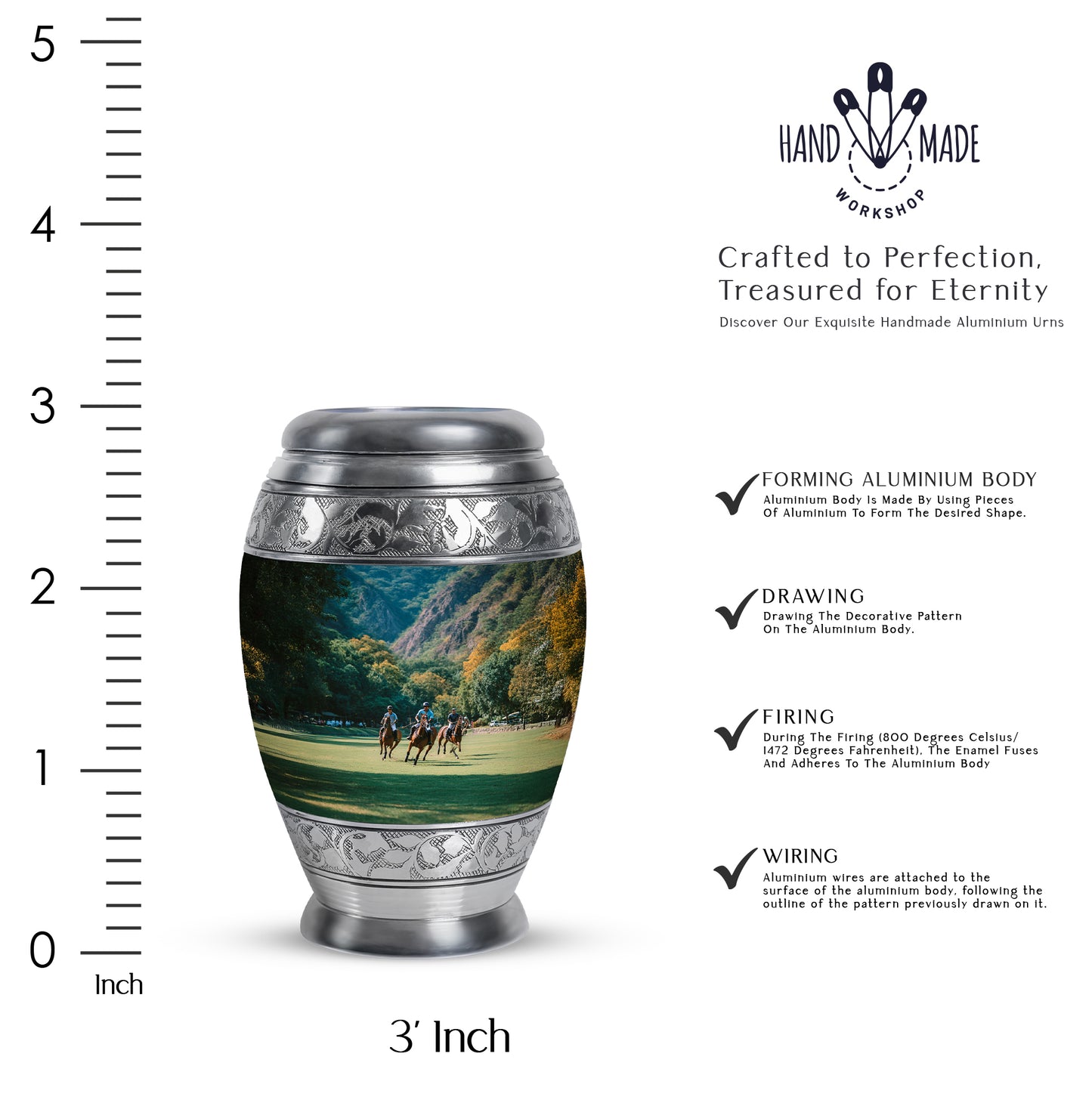 Soft Teal Horse Polo Cremation Urn lifestyle display on memorial shelf - regal horse polo design with crown-inspired accents - mini keepsake memorial for portion of cremation ashes