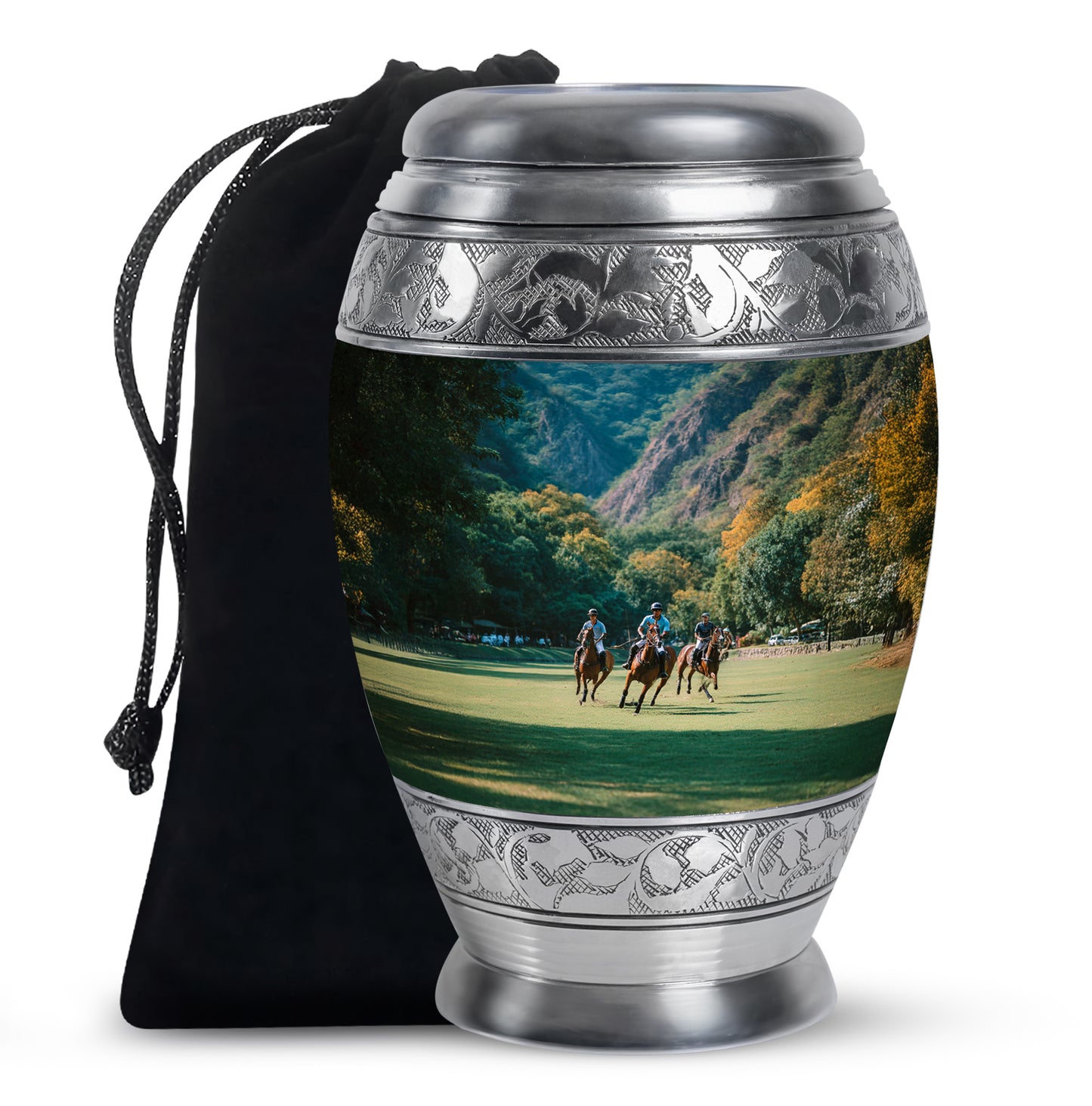 Ocean Teal Horse Polo Cremation Urn back view with polished surface - ornate monarch-style horse polo relief on brushed aluminum - full-size 10 inch 200 cubic inch adult cremation urn