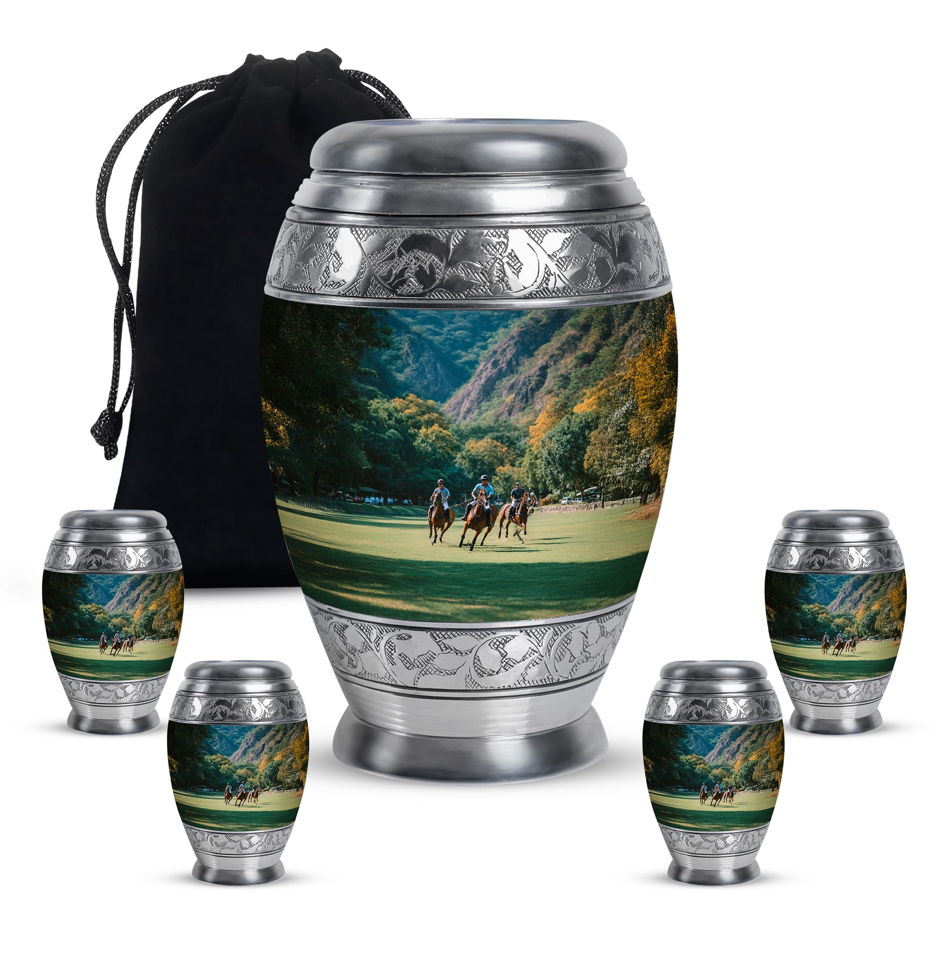 Mystic Teal Horse Polo Cremation Urn detail view - royal horse polo engraving with decorative scrollwork - memorial set with one large and four small urns