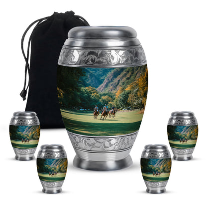 Mystic Teal Horse Polo Cremation Urn detail view - royal horse polo engraving with decorative scrollwork - memorial set with one large and four small urns