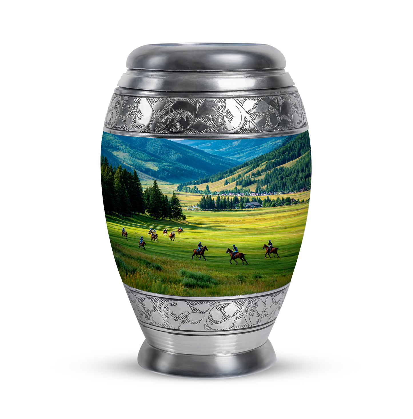 Stunning Blue Horse Polo Haven Urn for Human Ashes - 10-inch, 200 cu in - Yatskia