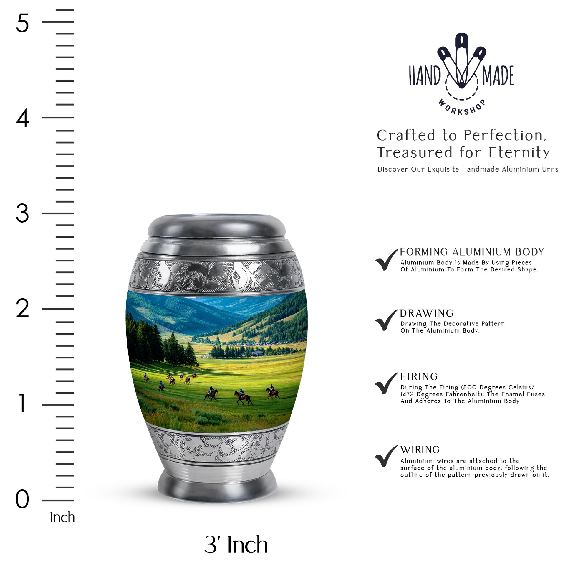 Azure Horse Polo Cremation Urn lifestyle display on memorial shelf - regal horse polo design with crown-inspired accents - mini keepsake memorial for portion of cremation ashes
