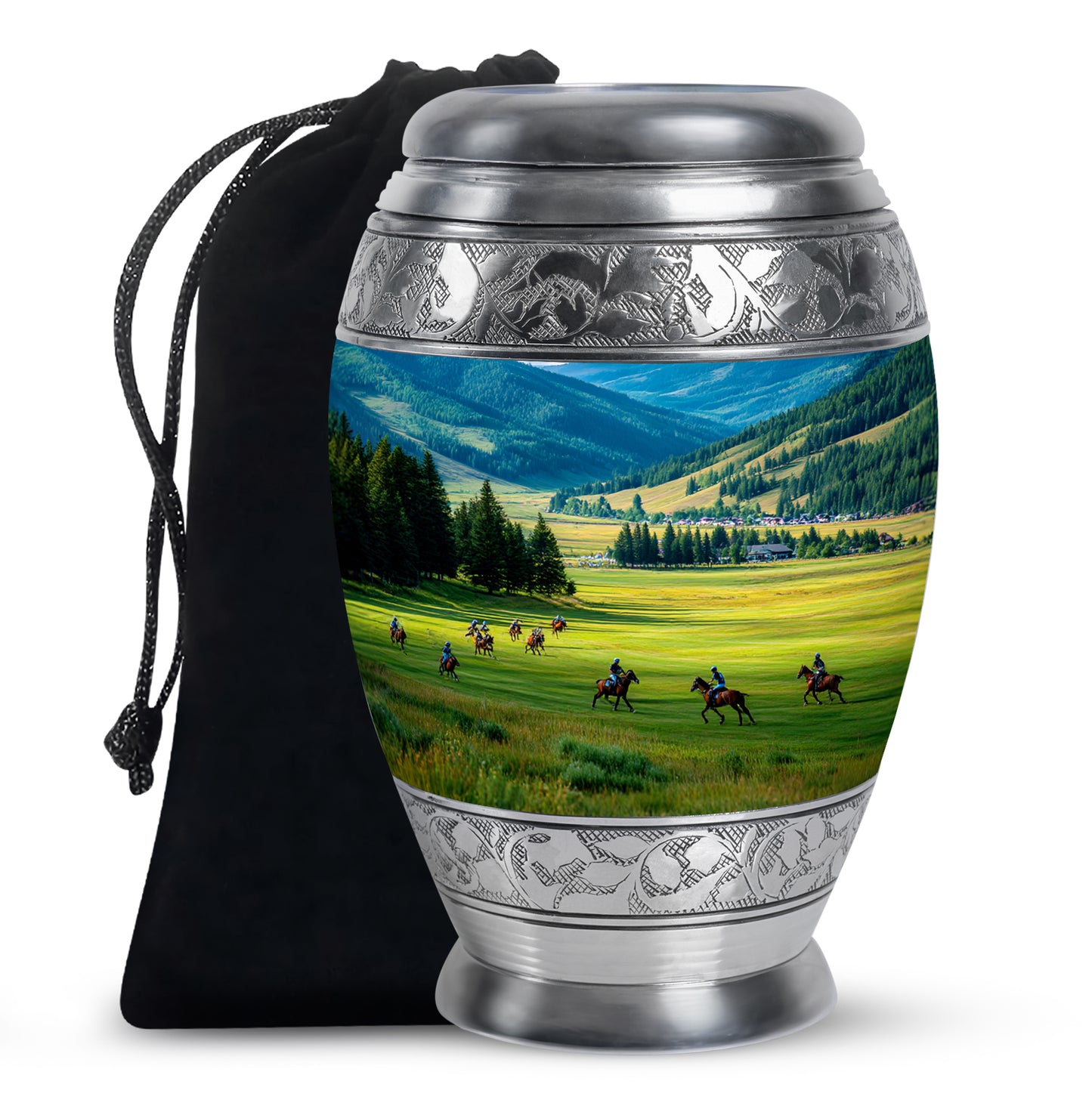 Pastel Blue Horse Polo Cremation Urn back view with polished surface - ornate monarch-style horse polo relief on brushed aluminum - full-size 10 inch 200 cubic inch adult cremation urn