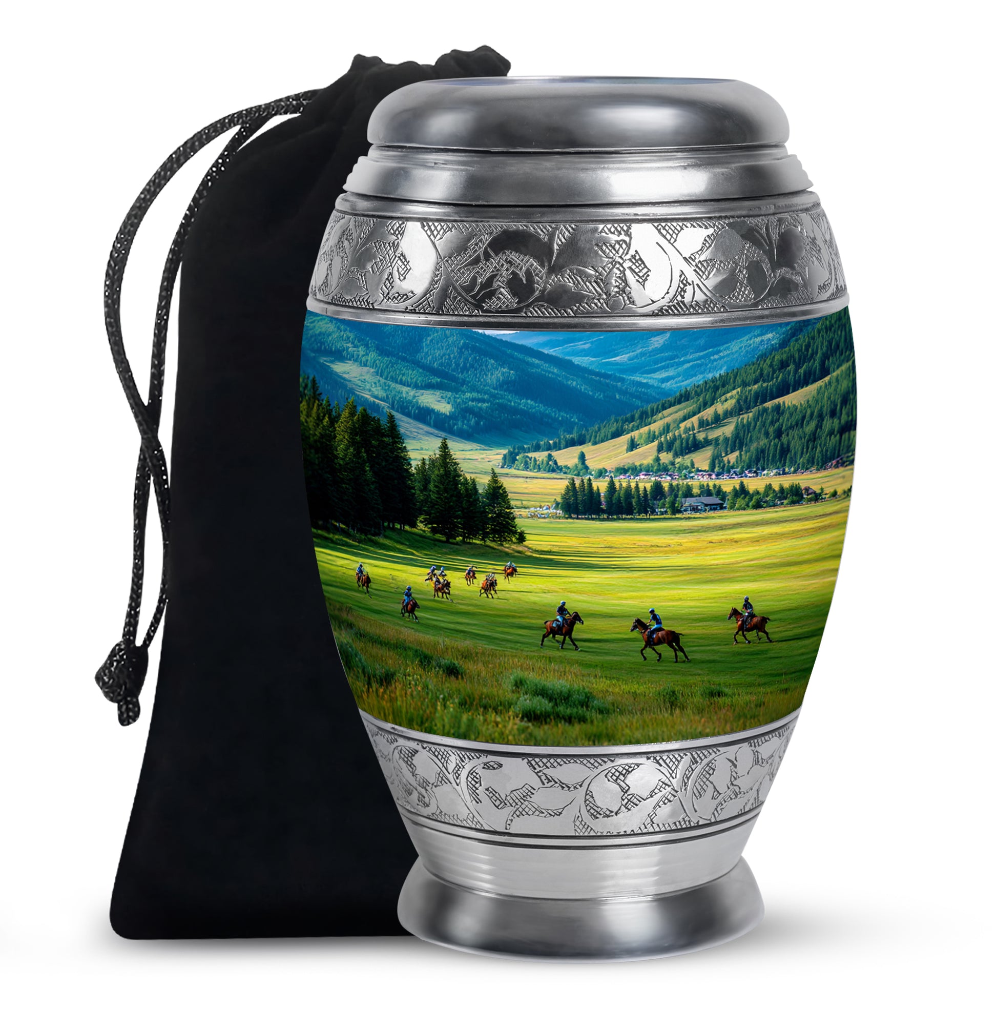 Pastel Blue Horse Polo Cremation Urn back view with polished surface - ornate monarch-style horse polo relief on brushed aluminum - full-size 10 inch 200 cubic inch adult cremation urn