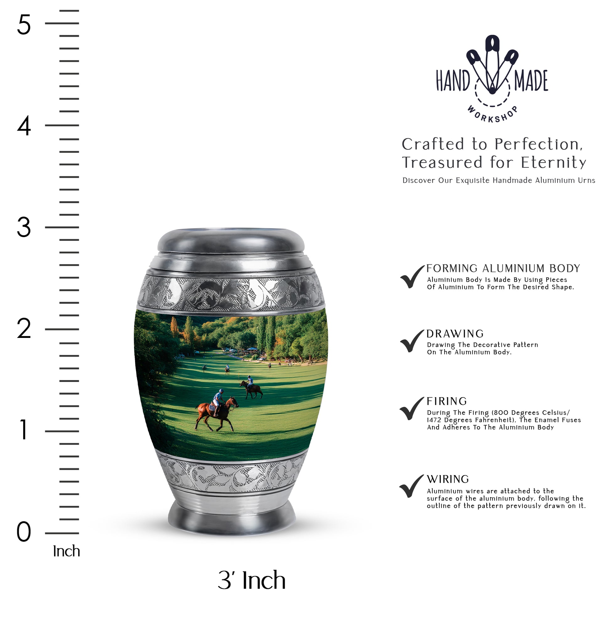 Pine Green Horse Polo Cremation Urn lifestyle display on memorial shelf - majestic horse polo pattern with filigree border - mini keepsake memorial for portion of cremation ashes