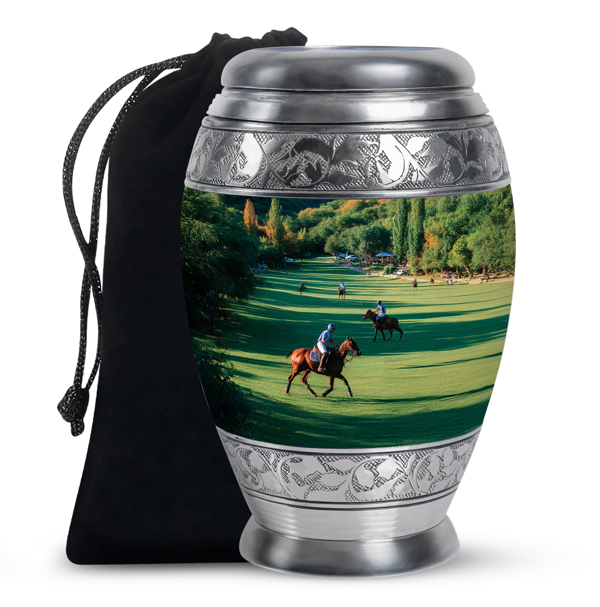 Verdant Green Horse Polo Cremation Urn back view with polished surface - regal horse polo design with crown-inspired accents - full-size 10 inch 200 cubic inch adult cremation urn