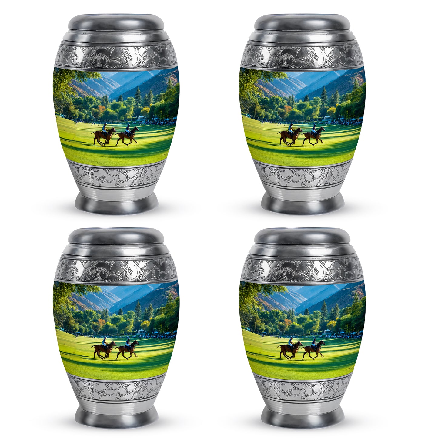 Sea Green Teal Horse Polo Cremation Urn urn with complimentary velvet bag - regal horse polo design with crown-inspired accents - 10 inch aluminum urn for cremated remains