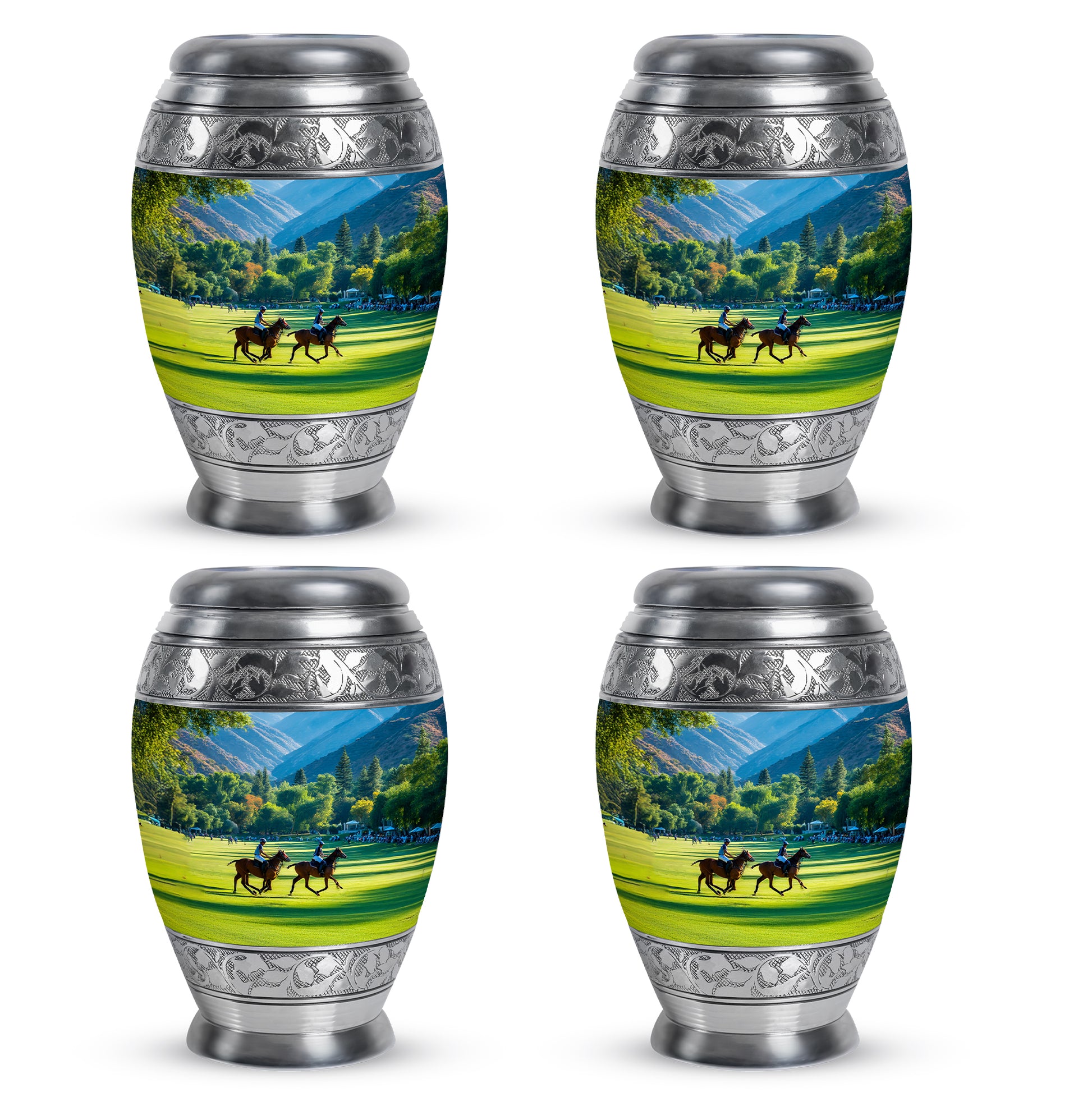 Sea Green Teal Horse Polo Cremation Urn urn with complimentary velvet bag - regal horse polo design with crown-inspired accents - 10 inch aluminum urn for cremated remains