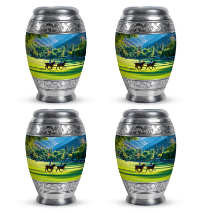 Sea Green Teal Horse Polo Cremation Urn urn with complimentary velvet bag - regal horse polo design with crown-inspired accents - 10 inch aluminum urn for cremated remains