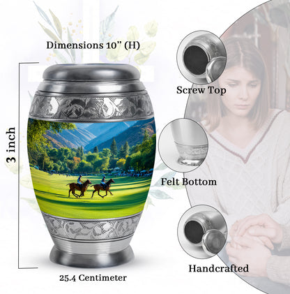 Jewel Teal Horse Polo Cremation Urn lifestyle display on memorial shelf - regal horse polo design with crown-inspired accents - mini keepsake memorial for portion of cremation ashes