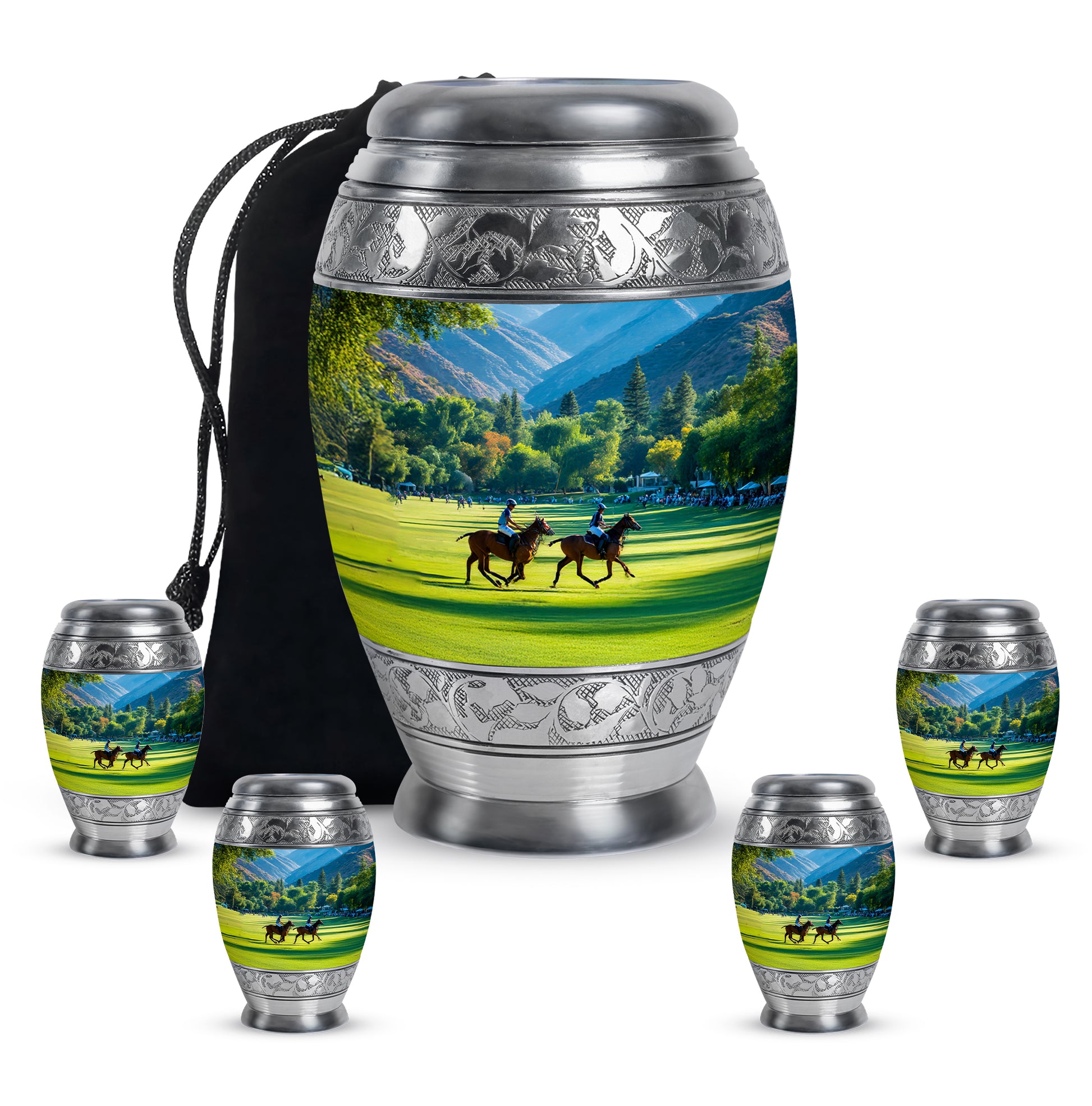 Deep Teal Horse Polo Cremation Urn detail view - royal horse polo engraving with decorative scrollwork - memorial set with one large and four small urns