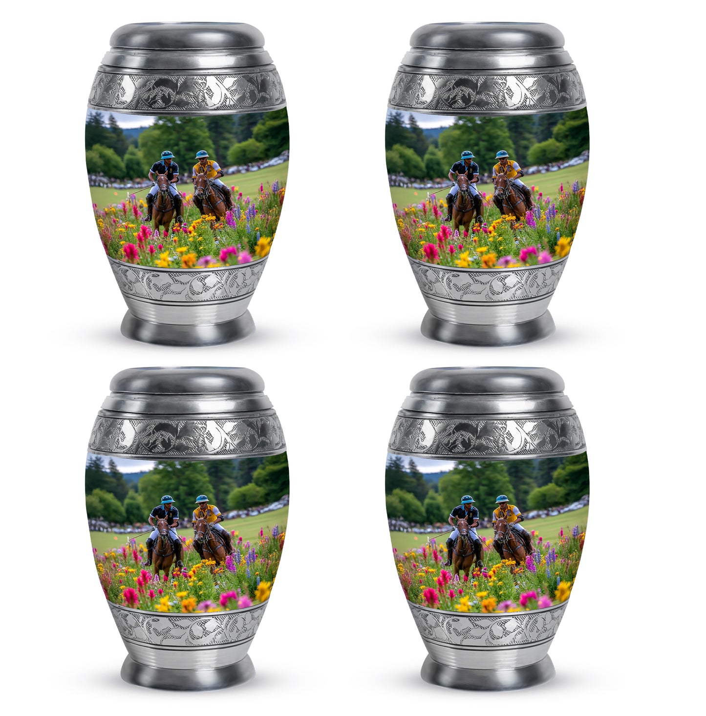 Storm Gray Horse Polo Cremation Urn urn with complimentary velvet bag - royal horse polo engraving with decorative scrollwork - 10 inch aluminum urn for cremated remains
