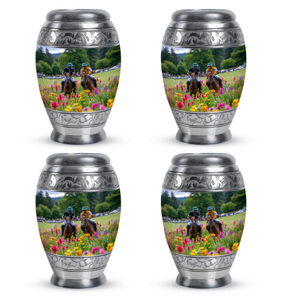 Storm Gray Horse Polo Cremation Urn urn with complimentary velvet bag - royal horse polo engraving with decorative scrollwork - 10 inch aluminum urn for cremated remains