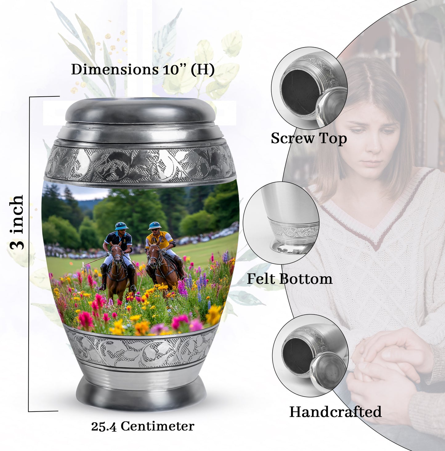 Steel Gray Horse Polo Cremation Urn lifestyle display on memorial shelf - majestic horse polo pattern with filigree border - mini keepsake memorial for portion of cremation ashes