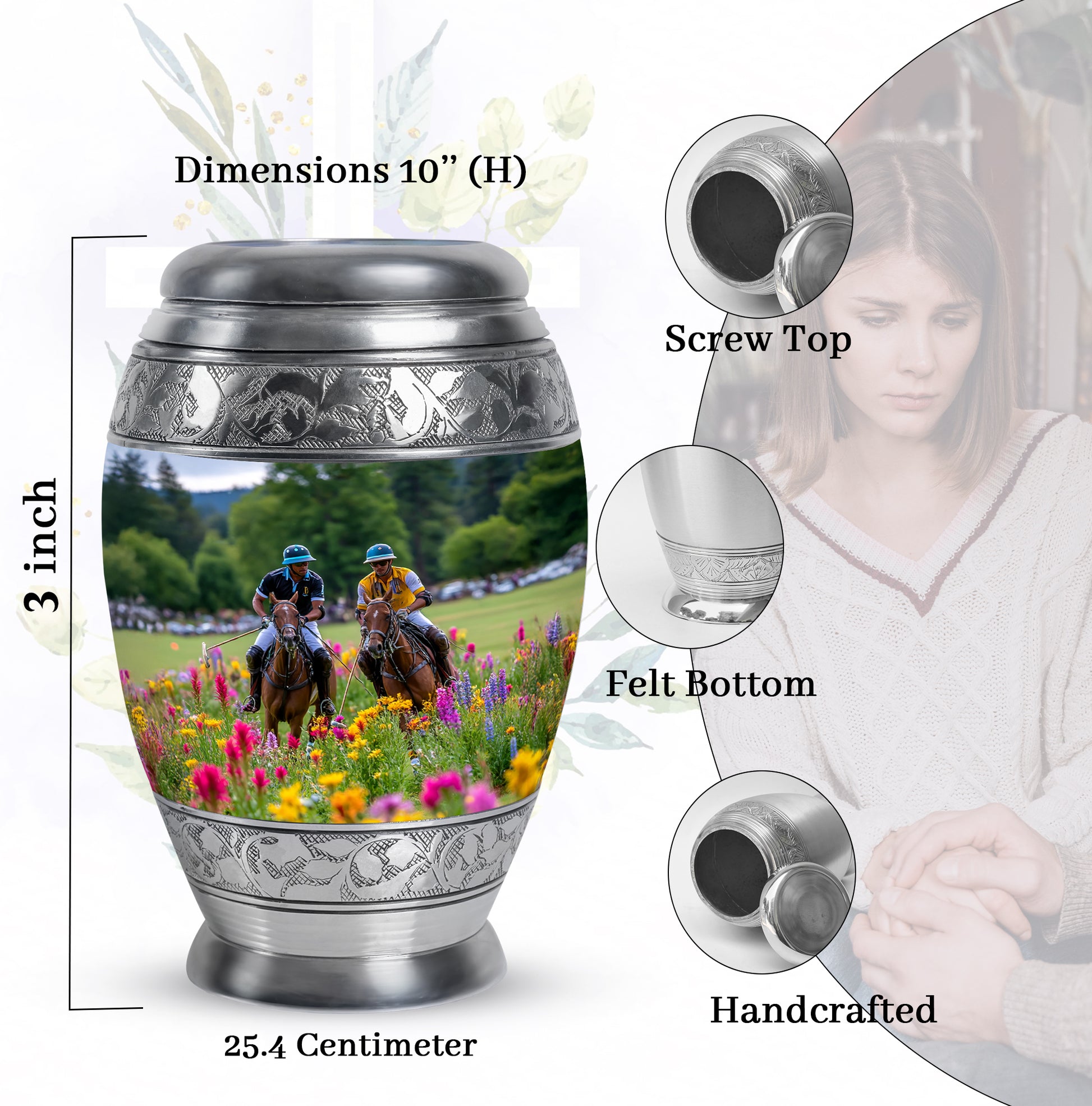 Steel Gray Horse Polo Cremation Urn lifestyle display on memorial shelf - majestic horse polo pattern with filigree border - mini keepsake memorial for portion of cremation ashes