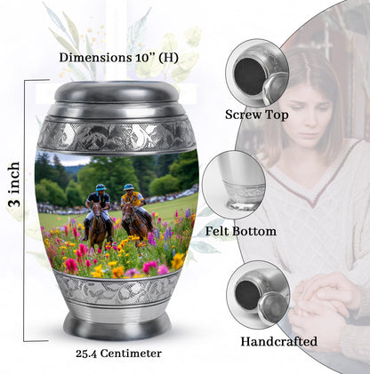 Steel Gray Horse Polo Cremation Urn lifestyle display on memorial shelf - majestic horse polo pattern with filigree border - mini keepsake memorial for portion of cremation ashes