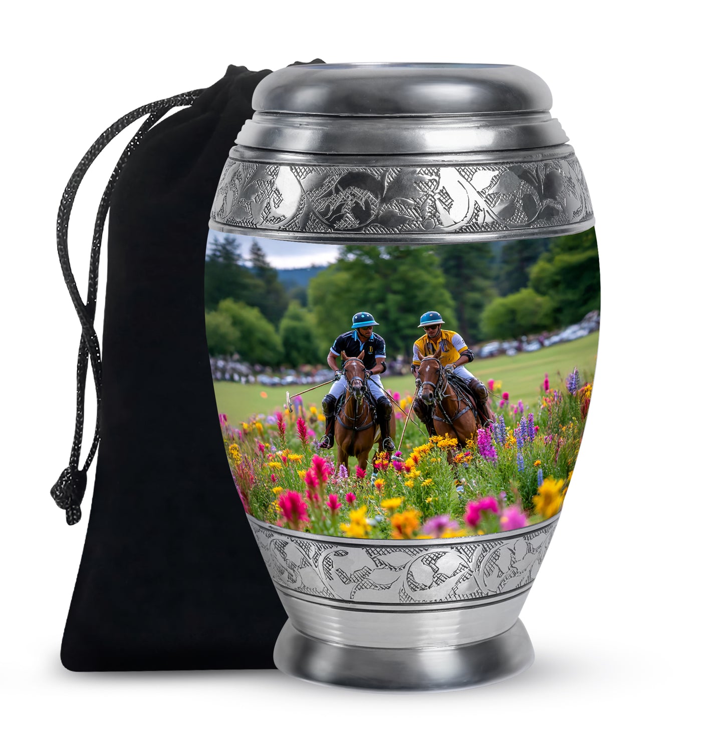 Ash Gray Horse Polo Cremation Urn back view with polished surface - majestic horse polo pattern with filigree border - full-size 10 inch 200 cubic inch adult cremation urn