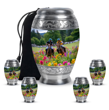 Dove Gray Horse Polo Cremation Urn detail view - regal horse polo design with crown-inspired accents - memorial set with one large and four small urns